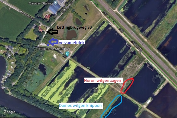 Kaartje van verzamelplek en werkplek op het Kristalbad