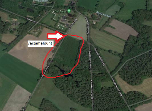 Kaartje met het verzamelpunt en werkplek op 10-2