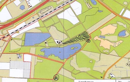 Kaartje met het Lonnekermeer (blauw) en verschillende percelen eromheen